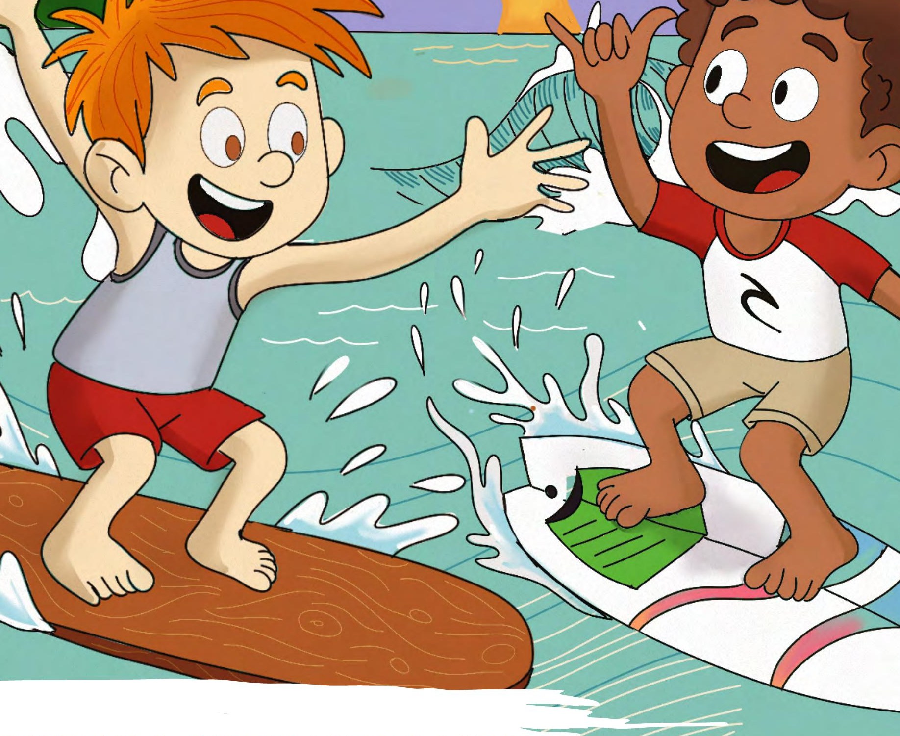 Ilustração: os dois amigos comemorando na areia