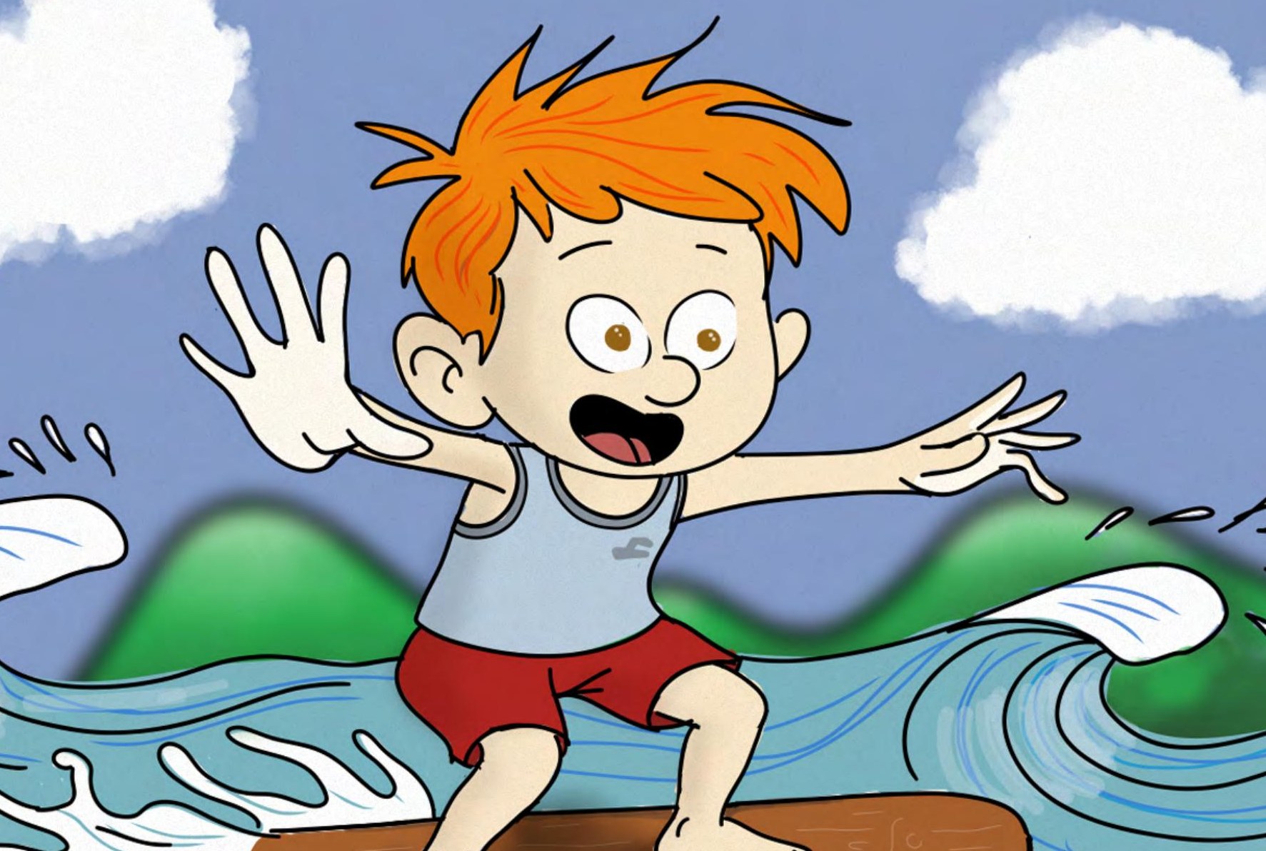 Ilustração: Davi correndo na praia com a tábua de madeira