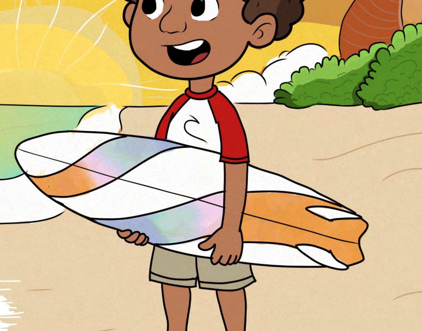 Ilustração: João com a prancha na beira do mar