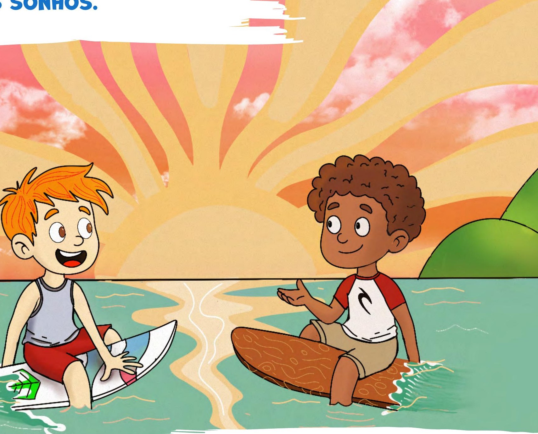 Ilustração: pôr do sol com os amigos no mar