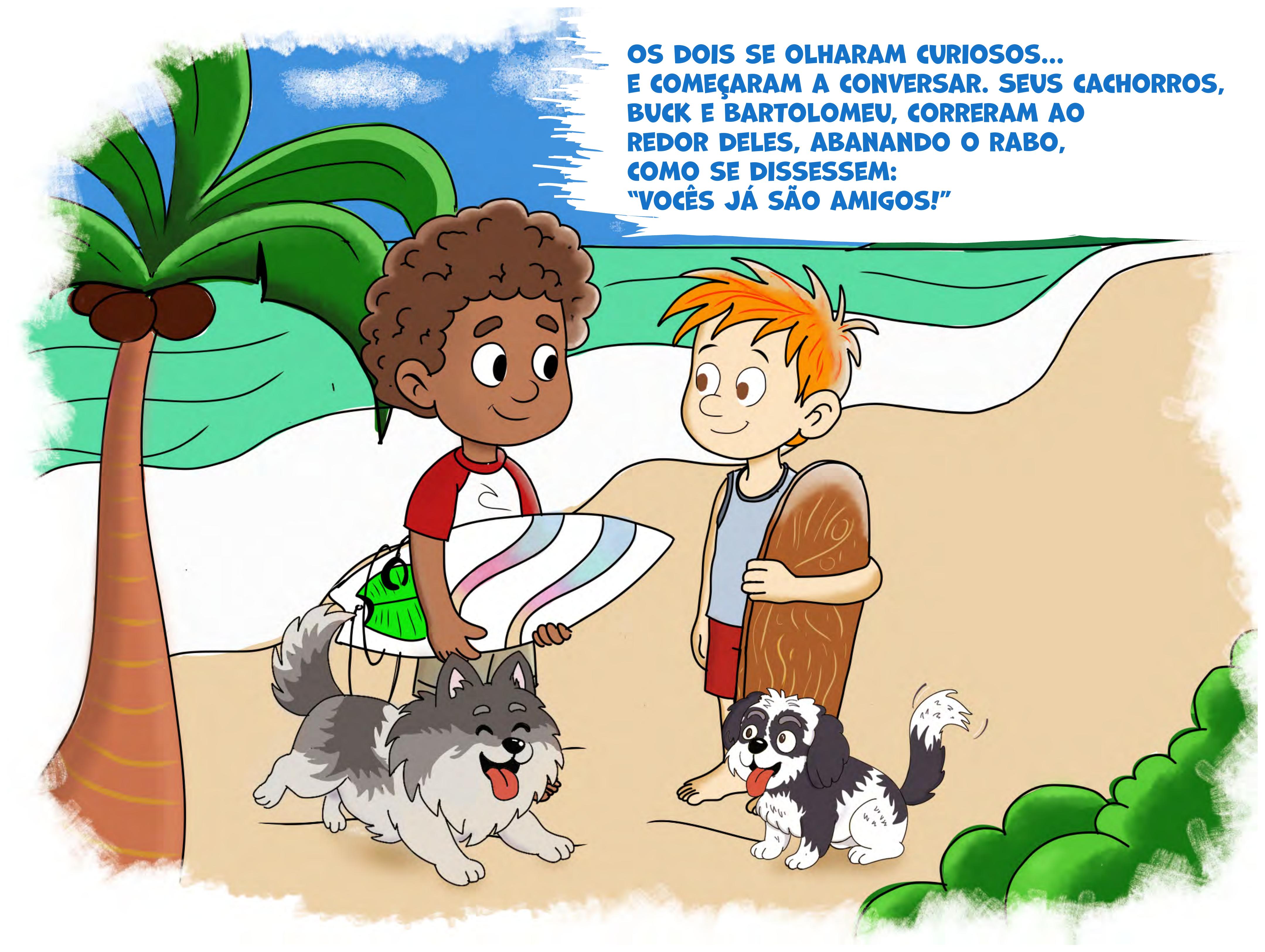 Página do livro: Davi e João se encontrando na praia